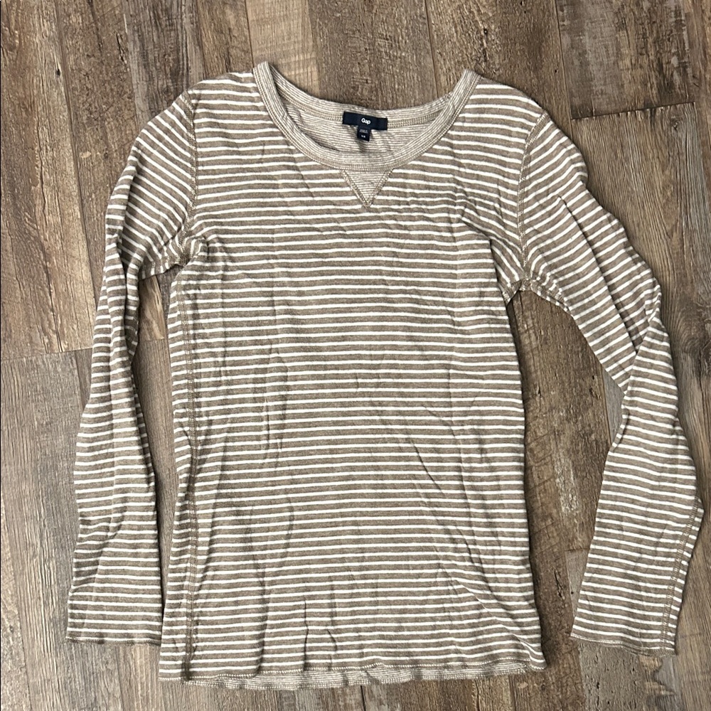 GAP Beige and White Striped Long Sleeve Tee